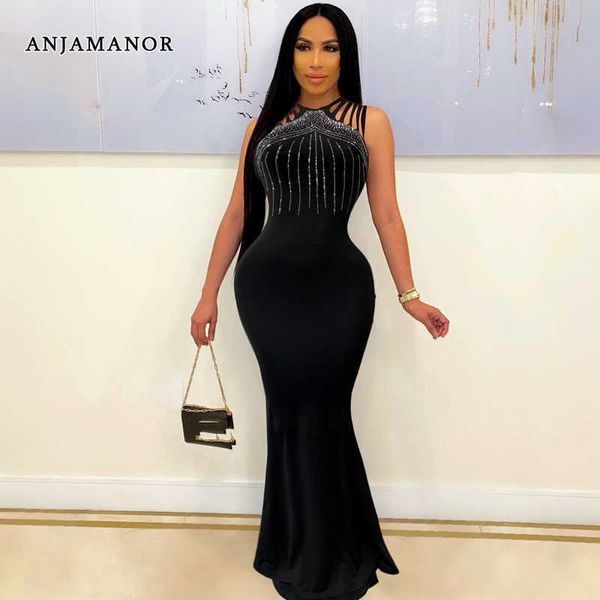 Günlük elbiseler anjamanor zarif seksi gece elbise kadınlar için parti şık gece kulübü ışıltı rhinestone black bodycon maxi elbise d35-di30 t230210