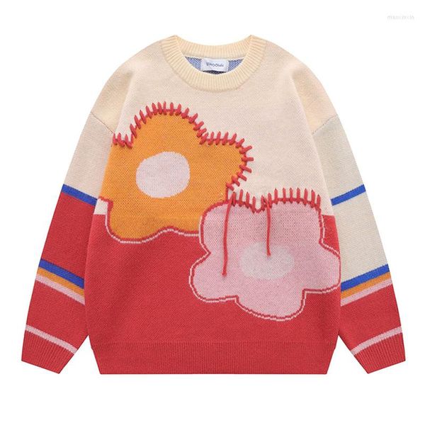 Erkek Sweaters 2023 Erkekler Sokak Giyim Retro Renk Eşleşen Çiçek Örme Sökü Harajuku Sakiller Sıradan Pamuk Hip Hop Çift