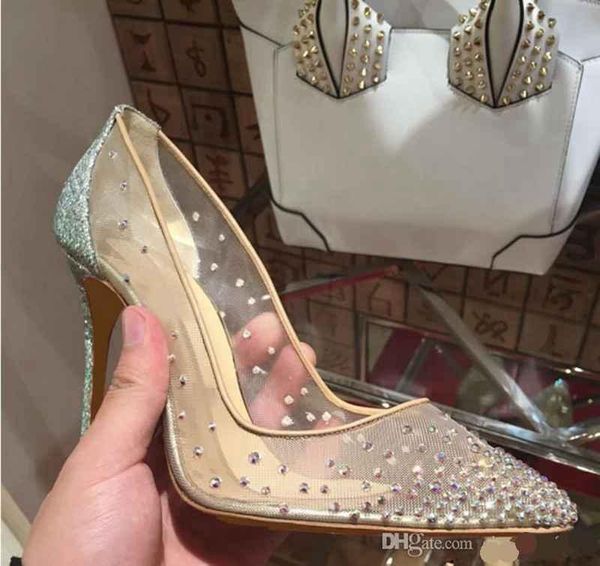 HOT primavera estate stili eleganti scarpe da donna strass cristalli tacchi alti punta a punta pompa scarpe da sposa suola donna