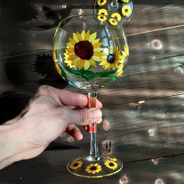 Weingläser Kristallglas handbemalt Blumenkelch Sonnenblume rot Tasse klein frisch Vintage Mittelalter