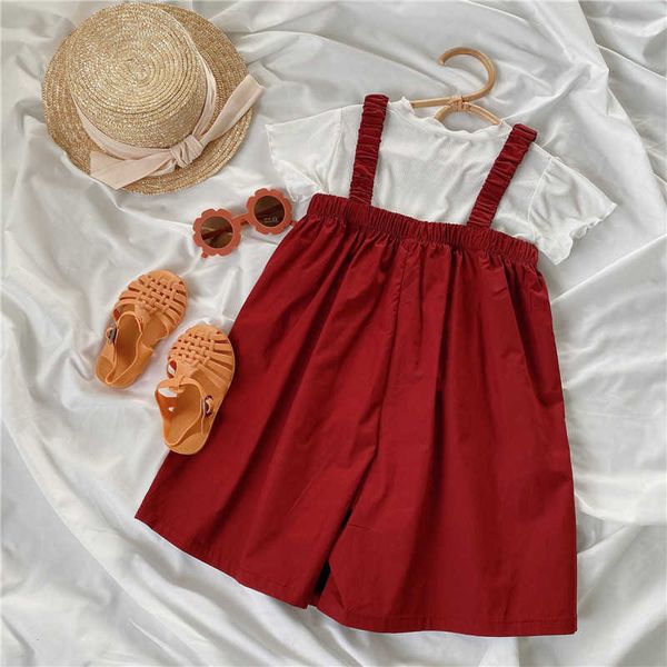 Mädchen Hosenträger Sommer Neue Koreanische Rot Breite Bein Hosen T-shirt Zweiteilige Set Boutique Kinder Kleidung Weihnachten Outfit