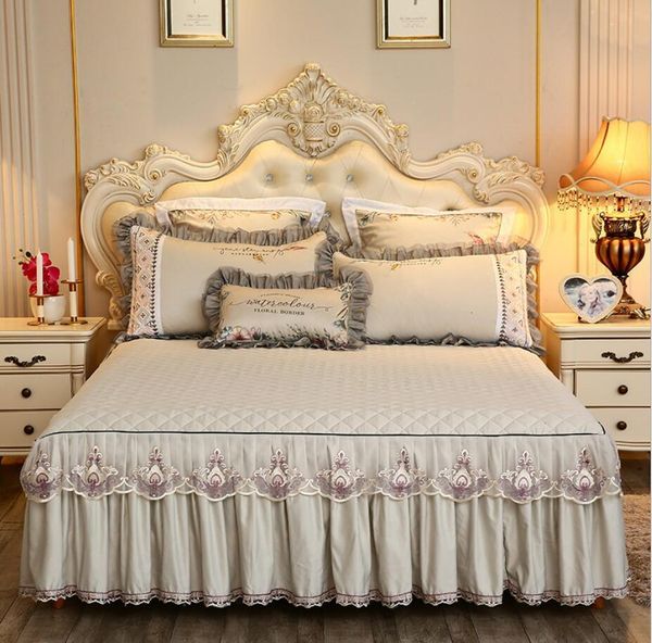 Saia de cama bege microfibra tecido princesa renda de renda saia de cama com algodão colaboração de cama de cama de cama de cama queen rei king size 230211