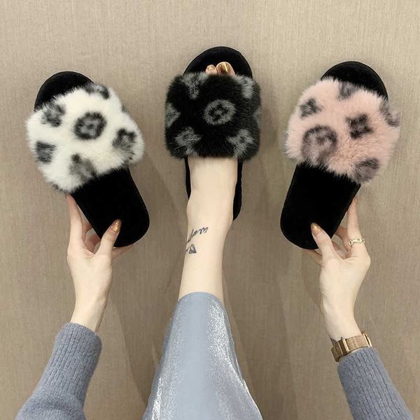 Hausschuhe Damen Damen Winter Pelz Leopardenmuster Slipper Indoor Haus Plüsch Home Warm Open Toe Flache weiche Sohle Wohnungen Mule Schuhe für Damen G230210