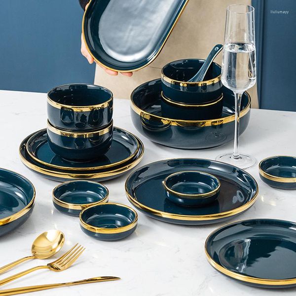 Teller Keramik Speiseteller Geschirr Lucury Golden Rim Porzellan für Geschirr Set Salat Nudeln Schüssel Küche Restaurant