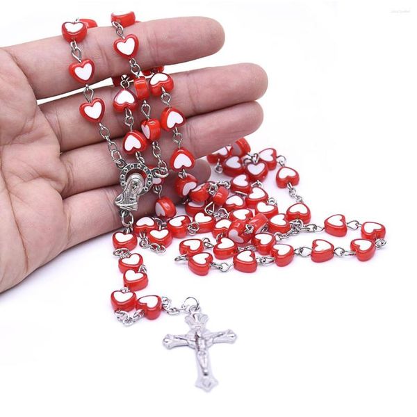 Collane con ciondolo Collana religiosa con perline di rosario d'amore a forma di cuore rosso pesca Croce di Cristo per le donne Regalo di gioielli di preghiera di benedizione