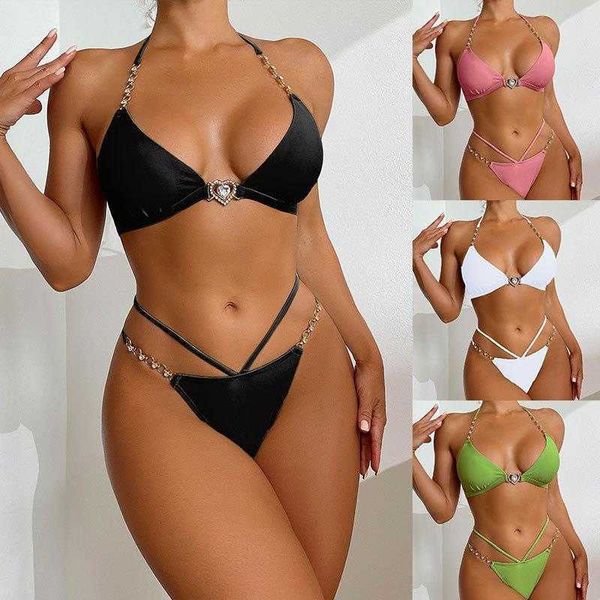 Seksi çok renkli zincir bikini kadınlar düz renkli yüksek bel dantel yukarı