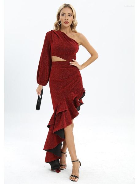 Lässige Kleider Sexy One-Shoulder-Cut-Out-Rüschen-Langarm-Maxikleid Elegante Burgunderrote Seite mit geteiltem asymmetrischem Club-Partykleid