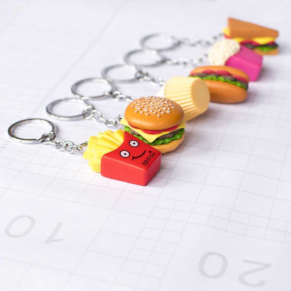 Schlüsselringe 1 stücke Nette Hamburger Popcorn Schlüsselbund Schlüssel Ring Für Frauen Männer Cartoon Kreative Pommes Sand Lebensmittel Tasche Auto Airpods box Zubehör G230210