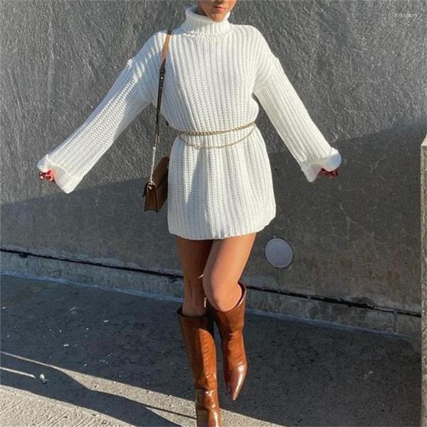 Casual Kleider Weiß Gestrickte Pullover Kleid Für Herbst Winter Frauen Langarm Rollkragen Lose Gerade Party Street Outfit