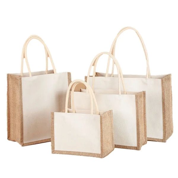 Сублимационная пустая сумка из полиэстера, холста, водонепроницаемая полиэтиленовая пленка с подкладкой, льняная джутовая сумка для покупок, натуральная, экологически чистая, пустые сумки