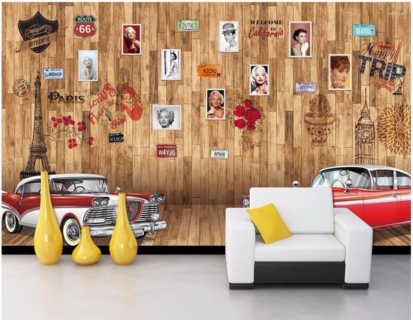 Wallpapers Benutzerdefinierte PO 3D-Tapete im europäischen Stil hölzerne körnige Wand Vintage-Auto-Wohnzimmer-Ausgangsdekor-Wandbilder