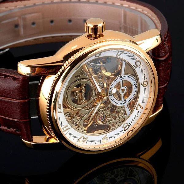 Armbanduhren Retro Skeleton Uhr 2023 Mechanische Luxus Herrenuhren Echtes Leder Band Uhr Männer Automatische Selbst Wind Stunde