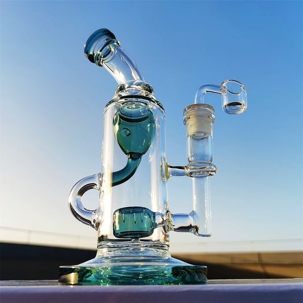 2022 Câmara de gêmea Bonga de Bongo Pecó Green 9 polegadas Hookah Glass Bong Dabber Rig Recycler Tubos de água Bongos de fumaça Tubos de fumaça 14,4mm Junta feminina com tigela comum