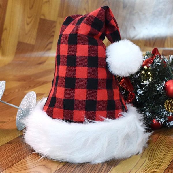 Berretti Cappello natalizio in pelliccia sintetica bianca Plaid rosso nero Regalo di Natale invernale per bambini per adulti per bambini Peluche di Babbo Natale