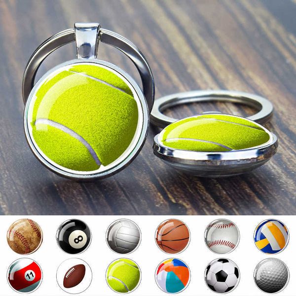 Key Rings Creative Football Pendant Keychain Double Side Sports Ball Basketball Tennis Golf Volleyball Glass Cabochon Gem Keyrings Pendant G230210