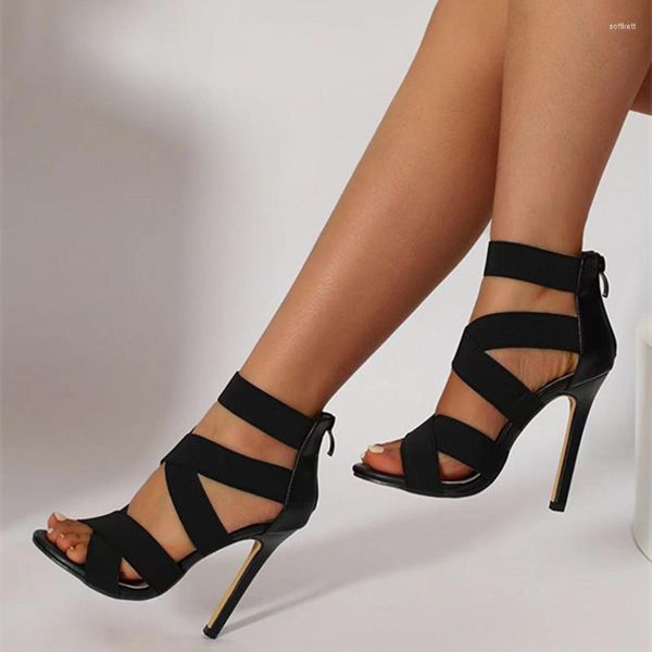 Сандалии сандалии Mujer 2023 Женские женские насосы модные повязки пэчворки черные цвета высокие каблуки повседневная обувь плюс 36-43