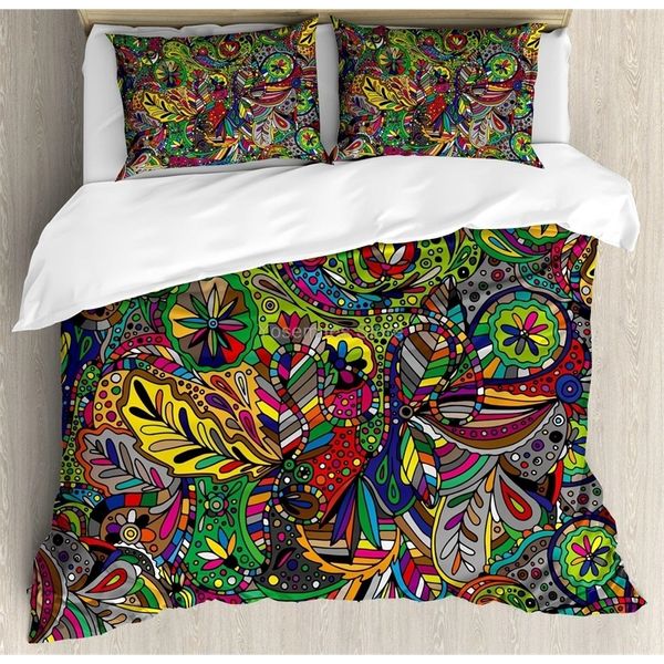 Set biancheria da letto Set copripiumino colorato Funky Ricci Scarabocchi dettagliati Aggrovigliato Trippy Psichedelico Botanico Natura Decorativo 3 pezzi 230210