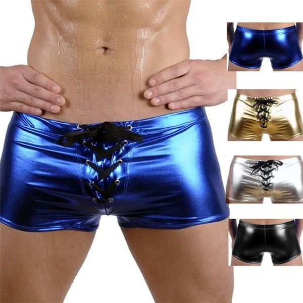 Mutande Mutandine sexy Pantaloncini boxer in pelle verniciata da uomo Taglie forti Intimo esotico gay oro nero Costume da uomo Sissy Lingerie