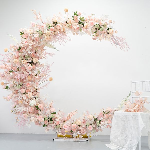 Luxus rosa Hochzeit Hintergrund Dekoration Mond Form Bogen Tür mit künstlichen Blumen für Party Fenster Bühne Mittelstücke Requisiten