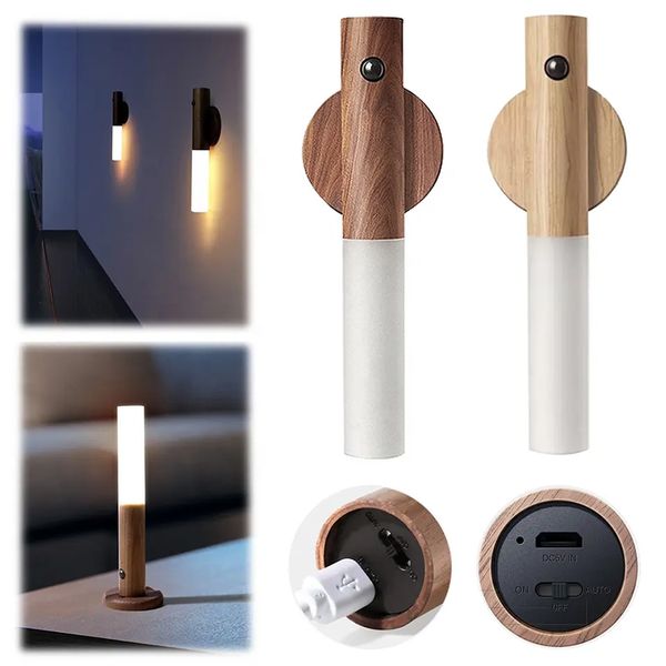 Wooden LED Night Light Magnetic Portable USB Quarto recarregável ao lado da lâmpada Sensor de movimento da lâmpada Luz de escada inteligente