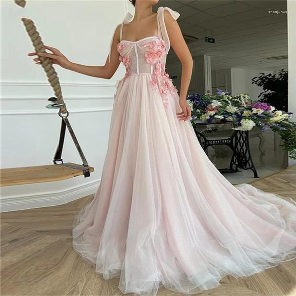 Partykleider Baby Pink Prom Spaghettiträger 3D-Blumen Langes Abendkleid Tüll Hofzug Mädchen Promi-Kleid 2023