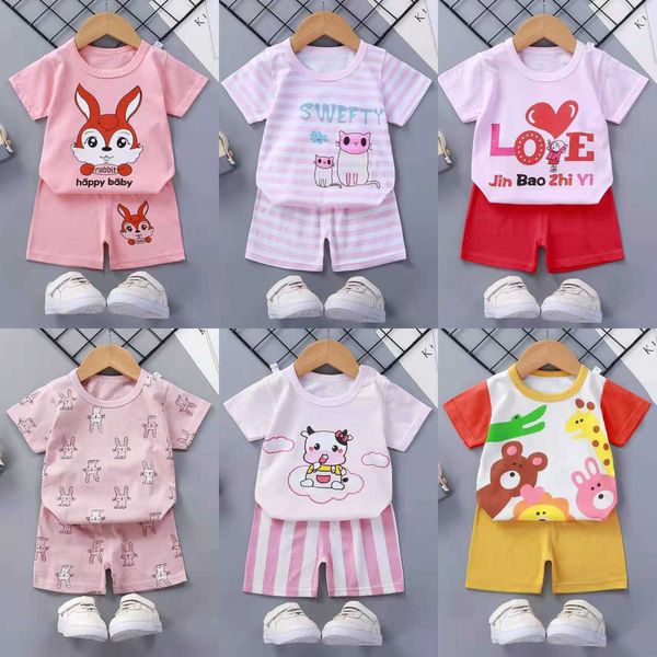 Set di abbigliamento Set di vestiti per neonato Set estivo sottile rosa con stampa Ragazze Top a maniche corte Pantaloncini Abito in due pezzi Tuta in cotone per bambini