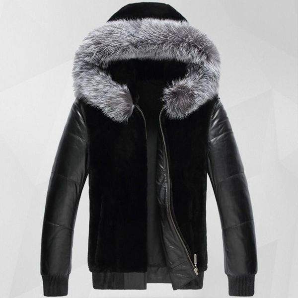 Herren Pelz Faux Top Marke Herren Pu Leder Motorrad Jacke Mantel Trim Mit Kapuze Winter Warm Mantel Klassisch Schwarz Europäische große Größe