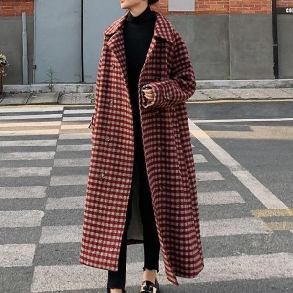 Kadın Yün Karışımları Ekose Kadınlar Uzun Palto Ceketler Kış Kırılmaz Kırmızı Yün Palto Kore Kemeri Gevşek Kalın Moda