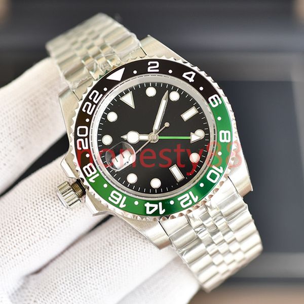 Relógio masculino de luxo GMT Dial redondo 40mm Tempo redondo Marca Luminosa Exibição Cerâmica Palavra Relino Cristal Azul Sistema de prova d'água Totalmente automático