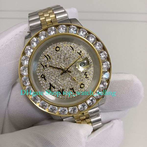 Herrenuhr mit Box, 43 mm, große Diamantlünette, arabisches römisches Zifferblatt, Datum, Gelbgold, Armband, automatische Herrenuhr, asiatisches 2813-Uhrwerk, mechanische Uhren, Armbanduhren