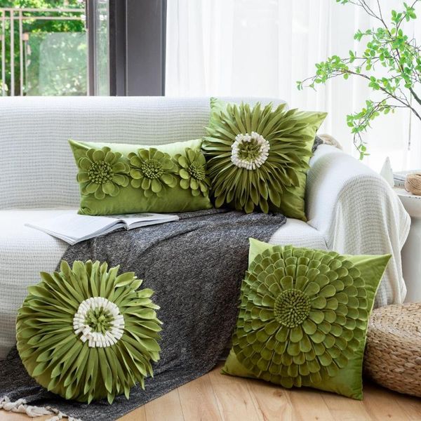Kissen 3D-Sonnenblumenbezüge Samtblüten Home Decor Grün 45x45cm Bezug Sofadekoration Handgefertigter Kissenbezug