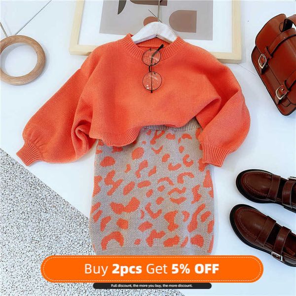 Roupas Define novo design Baby Autumn Korean Sweater de tricô Orange Christmas Girl Duas peças de traje casual Dress Girls Sweaters