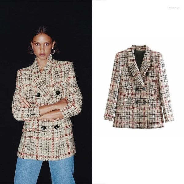 Abiti da donna 2023 Tweed Plaid Blazer Suit Moda Colori a contrasto Cappotti di media lunghezza Donna Casual Semplice Ufficio Pendolari Abbigliamento