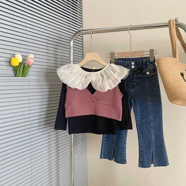 Kleidungssets Baby Mädchen Kleidung Herbst Neue Einfarbige Strickweste Puppenhals Bodenbildungshemd Geteilte Jeans Dreiteiliges Set Bluse für Mädchen