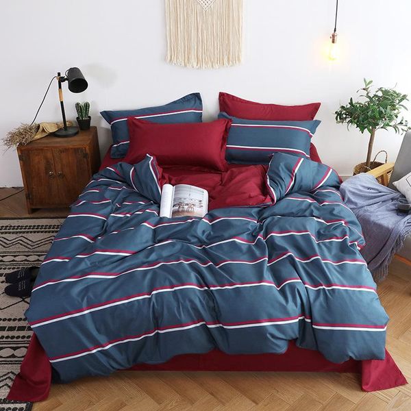 Set di biancheria da letto Copripiumino moda strisce blu Federa per cuscino A/B Modello fronte-retro Semplicità Set morbido per la casa