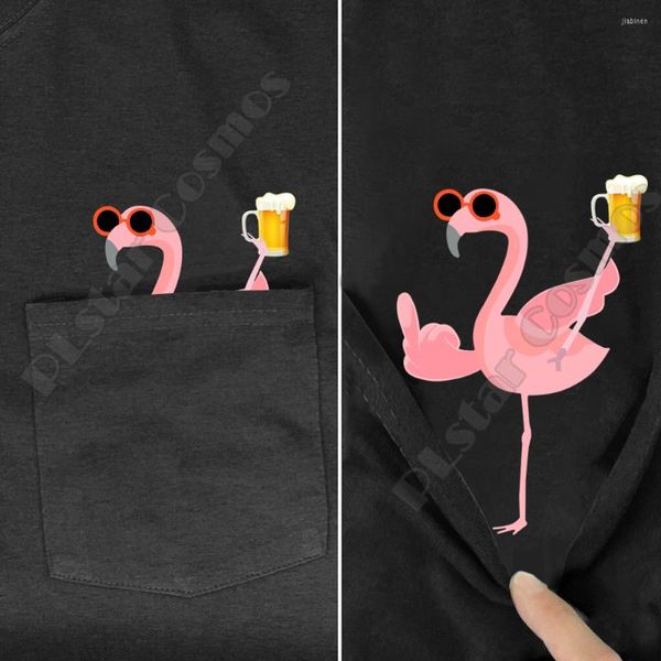 T-shirt da uomo Flamingo Beer Pocket Tee T-shirt stampata estiva da uomo per donna Top in cotone nero divertente manica corta Drop