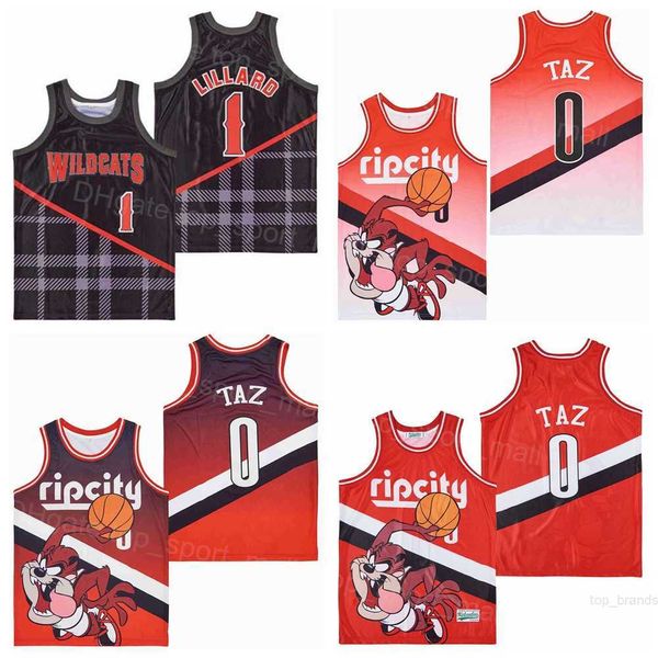 Men High School Wildcats Jersey 0 Ripcity Taz 1 Damian Lillard Basketball Red Fade Rip City Red Red Black All Stitched Breathable For Sport Fan High/Good