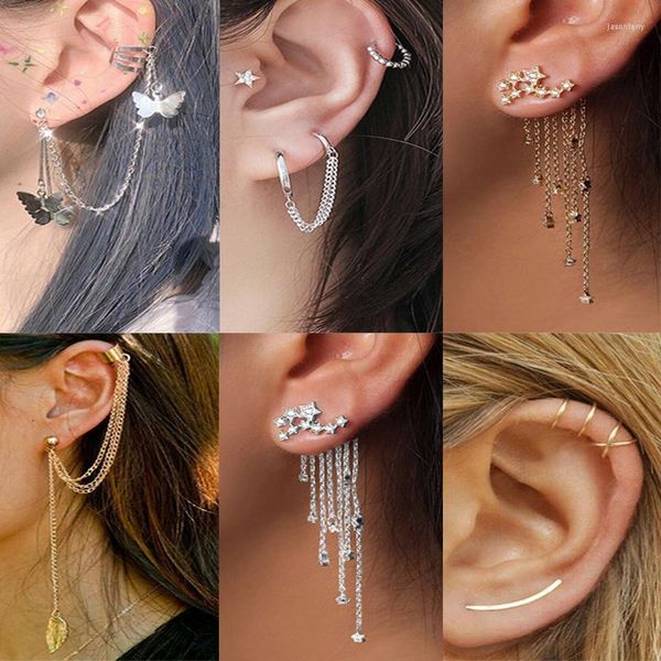 Brincos de garanhão Personalidade Punk Metal Ear Clip Leaf Moon Star Tassel Piercing for Women Gift Pendientes Brincho Jóias