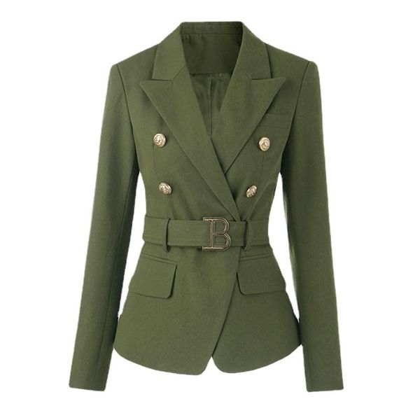 Ternos femininos Blazers Exército Casa jeans de cor verde com cinto Trabalho de escritório retro Mangas cheias de moda Lady Blazer Clothingwomen's