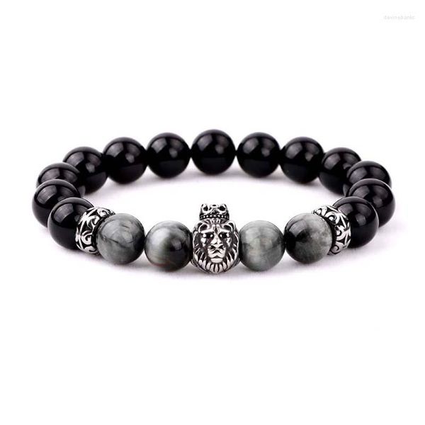 Strang Einfaches Design Tier Edelstahl Wolf Löwe Buddha Charms Naturstein Adler Perlen Elastisches Armband Männer