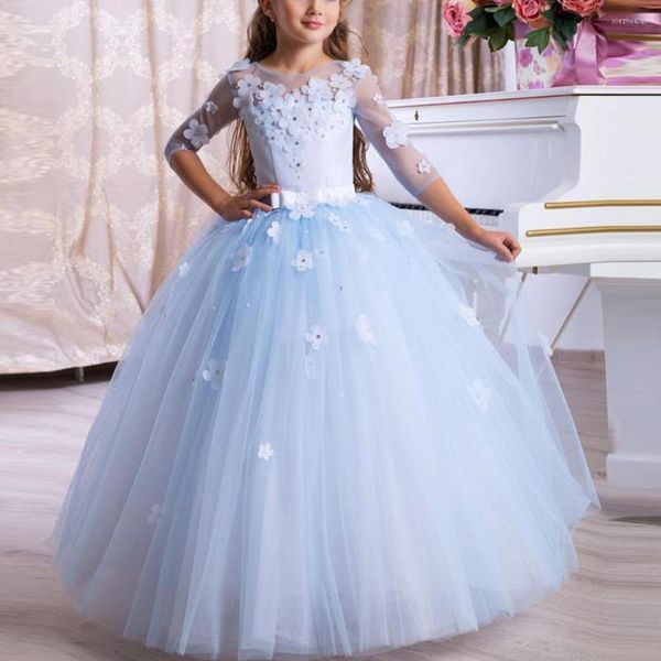 Abiti da ragazza 2023 Fiore celeste per matrimoni Abito da ballo Maniche a 3/4 Tulle Perline Lungo Prima Comunione Bambine