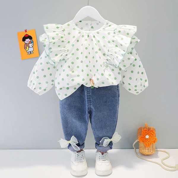 Roupas Defina novas roupas de bebê de primavera de roupas de bebê coreano Polka Dot Topjeans PCs Roupe