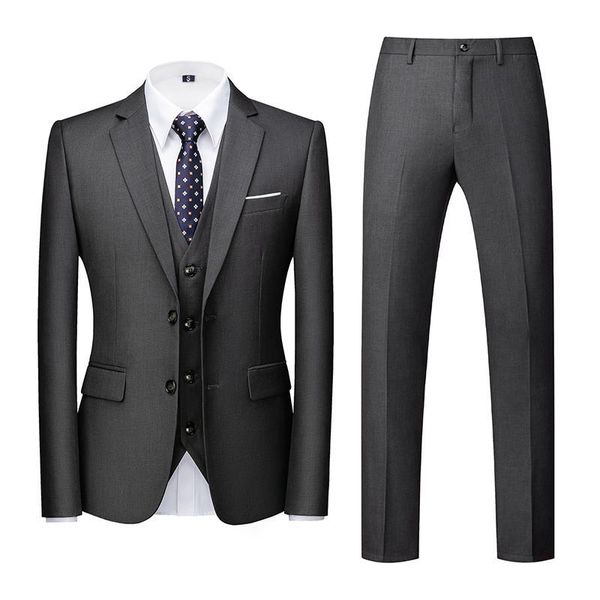 Abiti da uomo Blazer Abito da uomo Smoking slim fit 3 pezzi per ballo di fine anno Groomsmen 2 bottoni Blu scuro Pantaloni da lavoro grigio LAGO ROSA