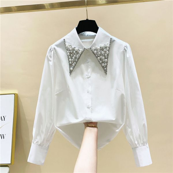 Kadınlar bluz gömlekleri yüksek kaliteli inciler elmas yaka beyaz gömlek kadınlar Mujer bahar varış ol zarif bluz üstleri camisas mujer 230211