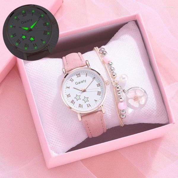 Relógios de pulso Estilos Luminous Women Women Watches Casual Star Pattern Leather para discagem pequena simples menina garotas quartzo rosa relógio Iris2