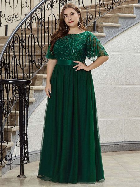 Abiti da festa Abiti da sera eleganti O-Collo Paillettes Tulle Stampa Lunghezza del pavimento Ever Pretty of Sleeve Plus size Abito da ballo per donna 230210