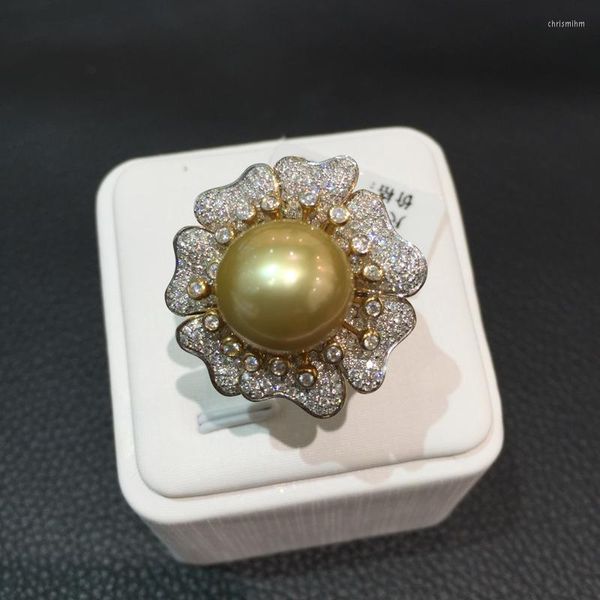 Cluster-Ringe 12,5–13 mm natürlicher Gold-Perlenring 18 Karat mit Diamant-Blume, großer Southsea-Schmuck-Cocktail