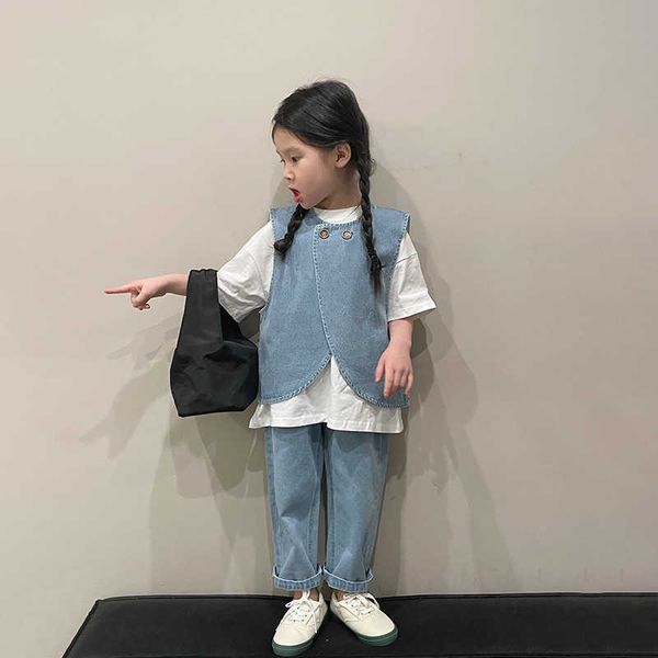 Giyim Setleri Koreli Sıradan Takım Bahar Yeni Denim Yelek Beyaz Tshirt Düz Pantolon Üç Çocuk Giysileri Kızları Seti