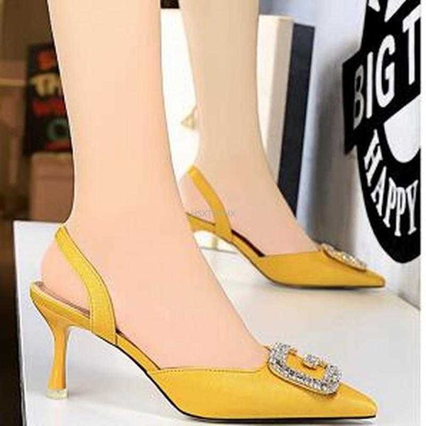 Sandali 2022 Estate Elegante Donna 7cm Tacchi alti Sandali da sposa Designer Shallow Suede Sandali con tacco giallo blu Scarpe da festa con strass G230211