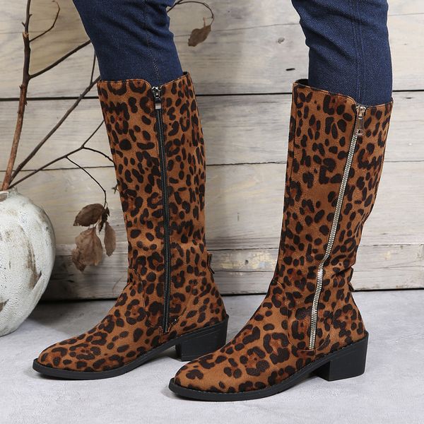 Stiefel Braun Leopard Hohe Stiefel Frauen Stiefel Plattform Schuhe für Frauen Herbst Winter Sexy Mid-kalb Cowboy Reitstiefel botas Mujer 230211
